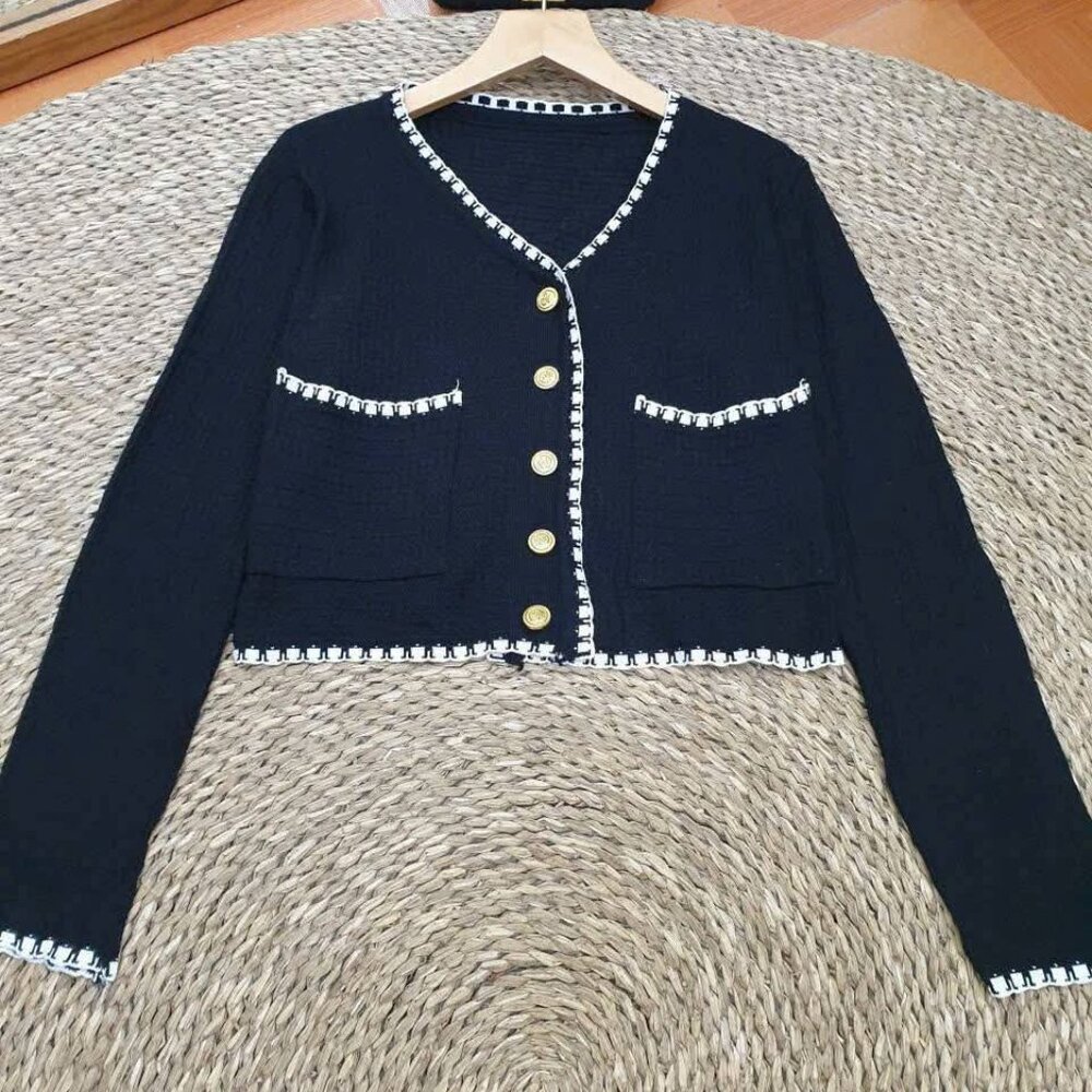 Navy Gold Button Tweed Trim Cropped Knit Jacket